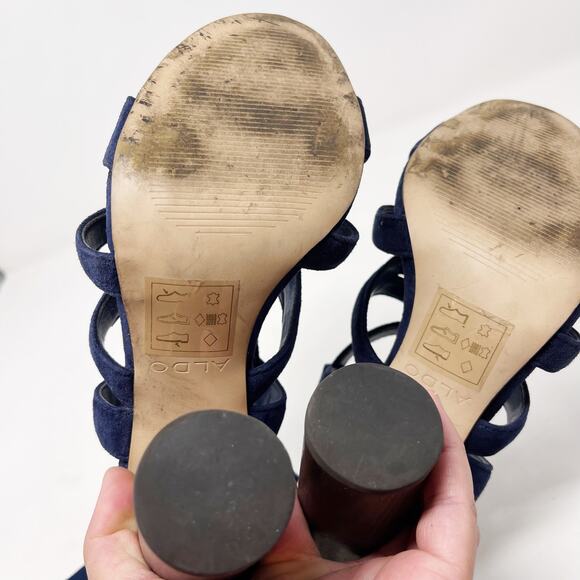 Aldo Womens 6.5 Navy Blue Lace Up Suede Heels 4" Round Wood Heels Open Toes - Picture 11 of 16